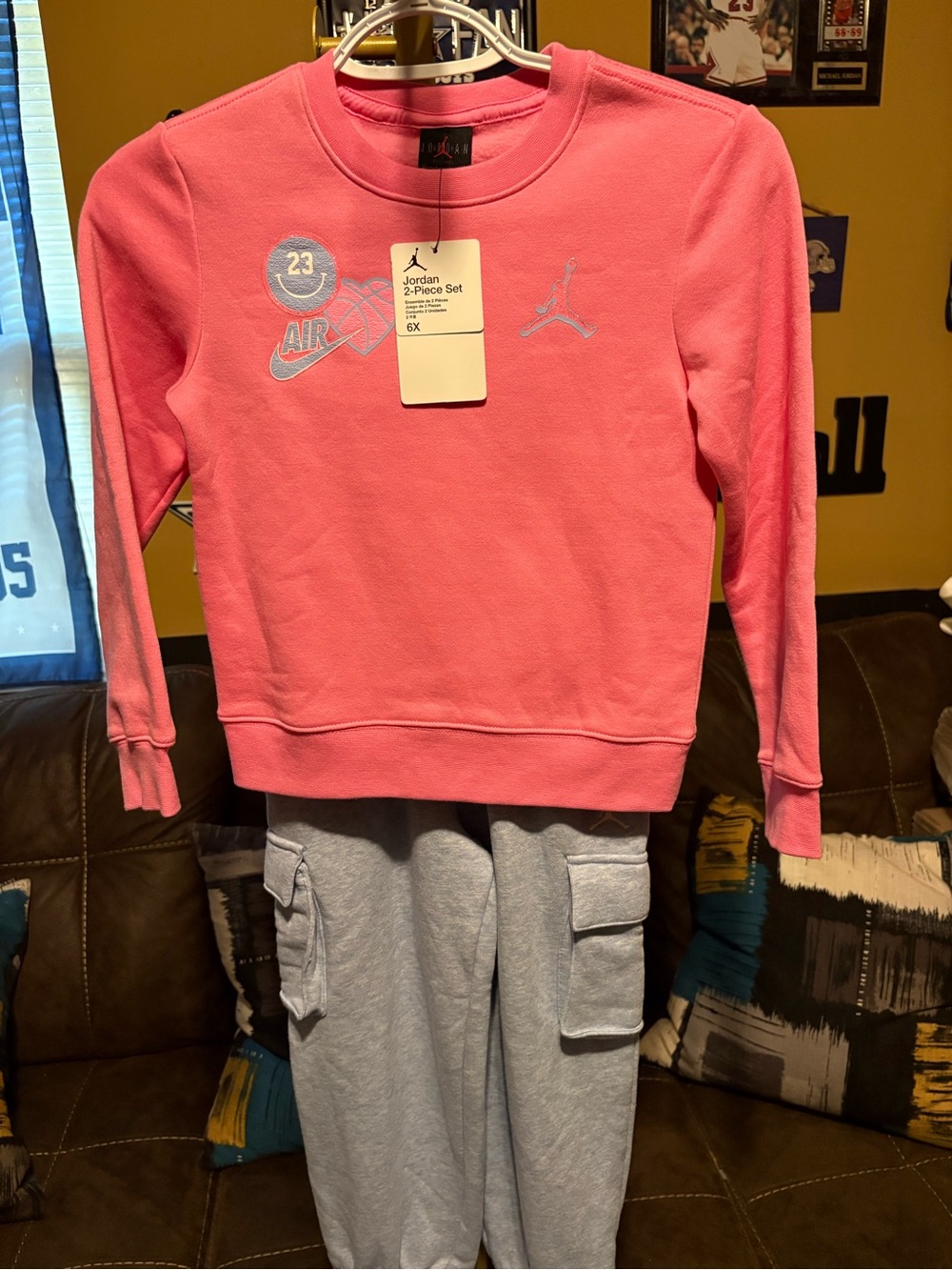 Jordan Pink Sweatshirt with Light Gray Cargo Joggers - Kids